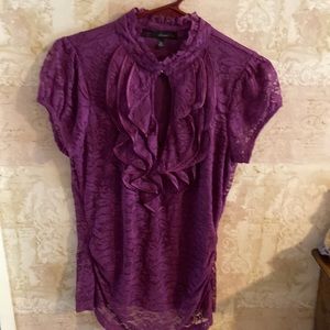 Heart & Soul Magenta Ruffled & Keyhole Neckline Laced Short-sleeve Blouse.